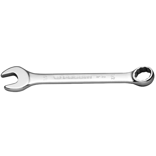 Photo of Facom combination wrench 39_11_32, chrome finish, open-end and ring, side view, white background.