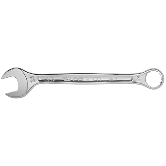 Facom 440.9/16 combination wrench, silver finish, front angle, photography of hand tool.