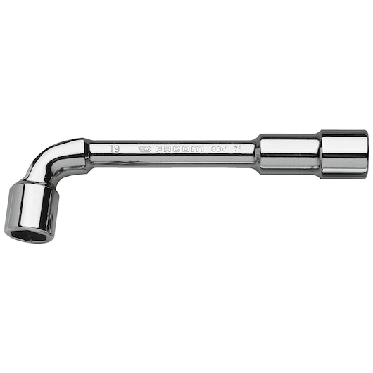 Facom chrome-plated L-shaped socket wrench SKU 75_5_16, side angle on white background.