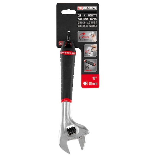 Facom 101.10GPB adjustable wrench, 10-inch, 38 mm capacity, black and silver with red accents, front angle.