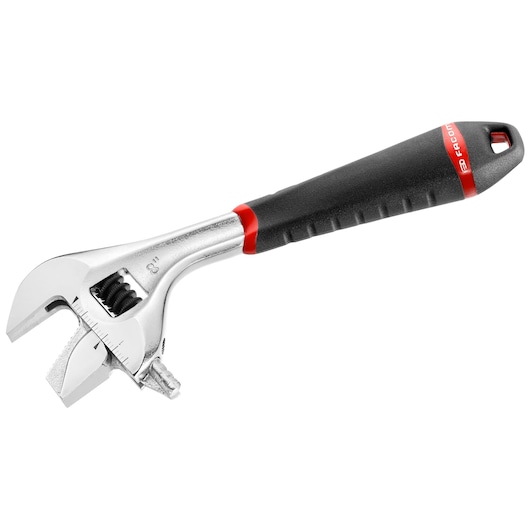 Facom 101_10GR adjustable wrench with black and red ergonomic handle, left side view on white background.