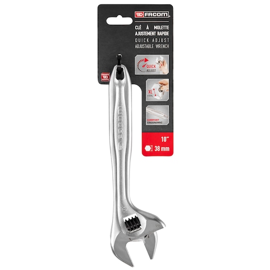 Facom 101.10PB adjustable wrench 10 inch with ergonomic handle, silver, product shown on white background.