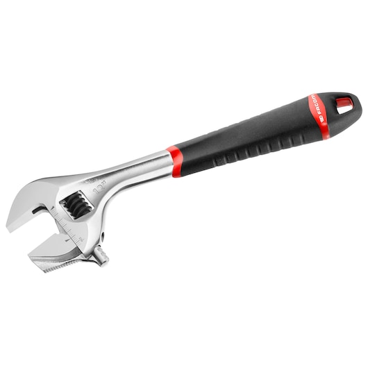 Facom 101_12GR adjustable wrench with black and red non-slip handle, right side angle, white background.
