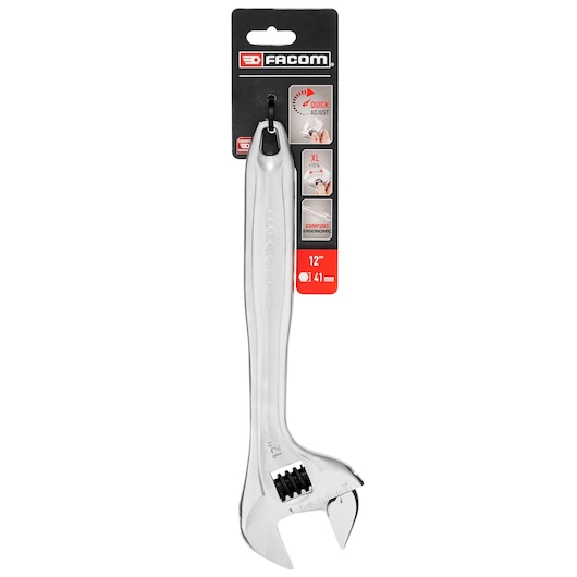 Facom 12 inch adjustable wrench, model 101_12PB, silver metal, shown in packaging, front angle, ergonomic handle.