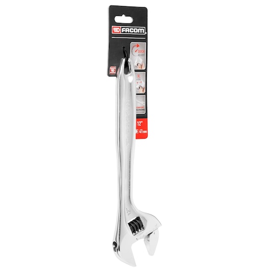 Facom 101_12PB adjustable wrench, silver finish, 12 inch size with packaging, front angle on white background.