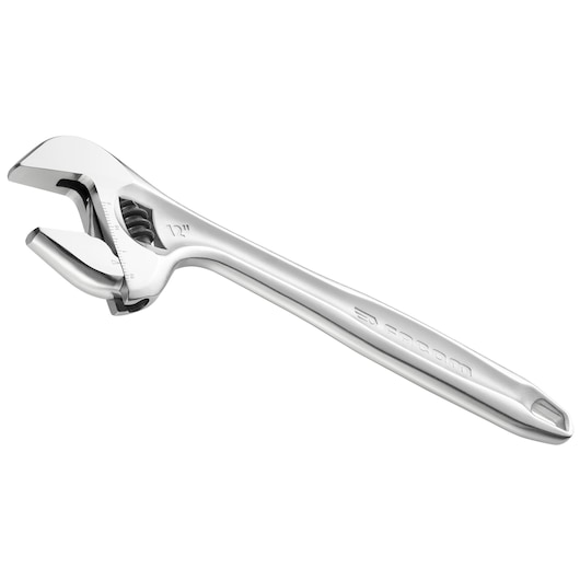 Facom 101_18 adjustable silver wrench, side angle, metallic finish handle, photography on white background.