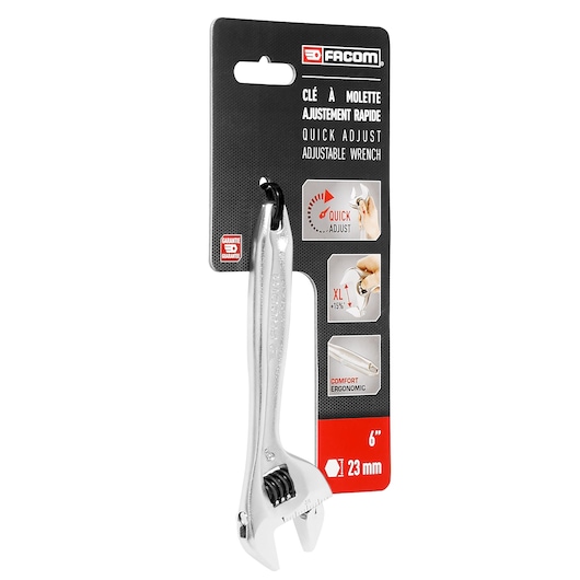 Photo of Facom adjustable wrench 101_6PB, 6 inch, 23mm capacity, quick adjust, ergonomic handle, front packaging view.