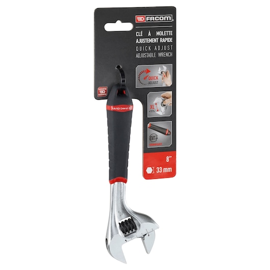 Facom 101.8GPB quick adjust adjustable wrench with black and red handle, 8 inch, on white background, front view.