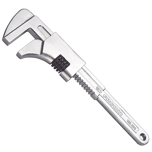 Facom adjustable pipe wrench silver finish, side angle, SKU 105280, tool category, white background.