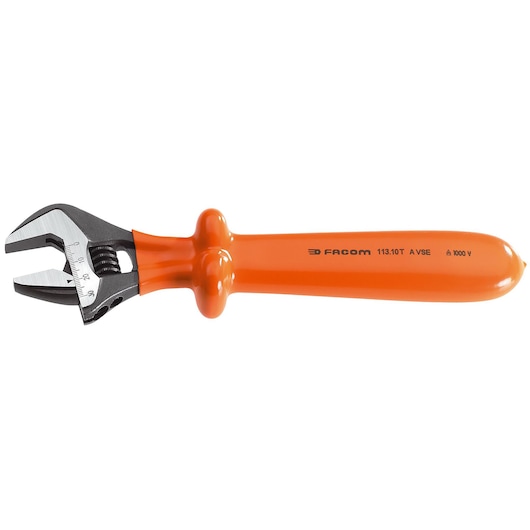 Photo of Facom adjustable insulated wrench with orange handle, side view, SKU 113_15TAVSE, hand tool.