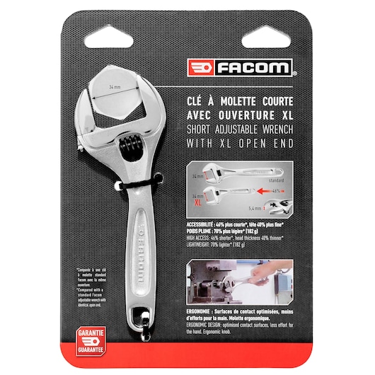 Facom 113AS_6CPB short adjustable wrench with XL open end, retail packaging, front view on white background