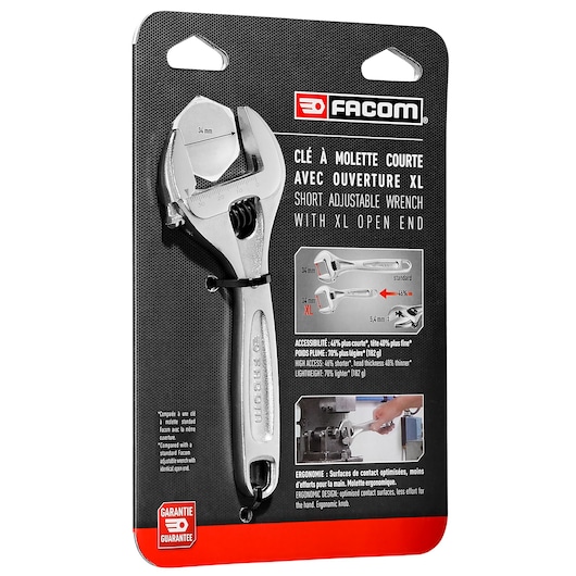 Photo of Facom short adjustable wrench with XL open end, SKU 113AS_6CPB, in retail packaging, angled view.