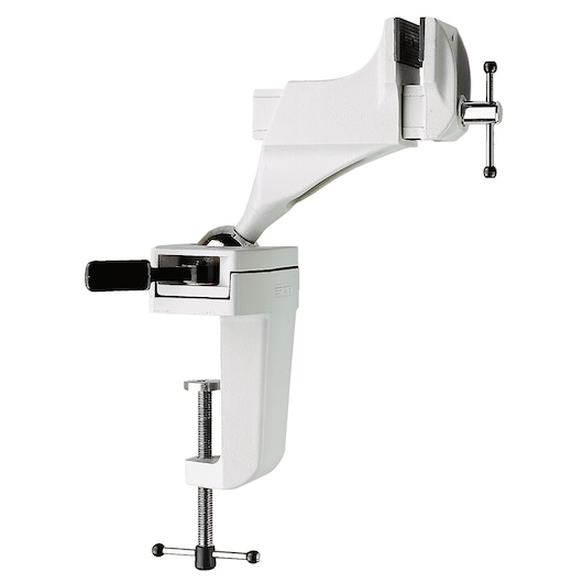 Facom 1150_MT bench vise with clamp, side angle, white metal, textured jaws, isolated on white background.