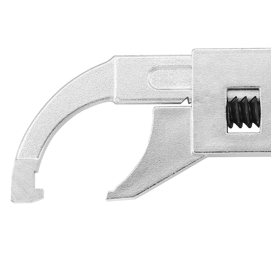 Facom 115A_100 adjustable hook spanner, silver, close-up on white background, showing curved jaw and adjustment mechanism.