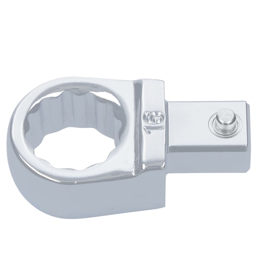 Facom 12_16 chrome finish open-end ratchet wrench head, top angle on white background.