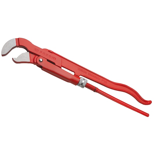 Facom 121A_2P red pipe wrench with curved handle and adjustable serrated jaws, side view on white background.