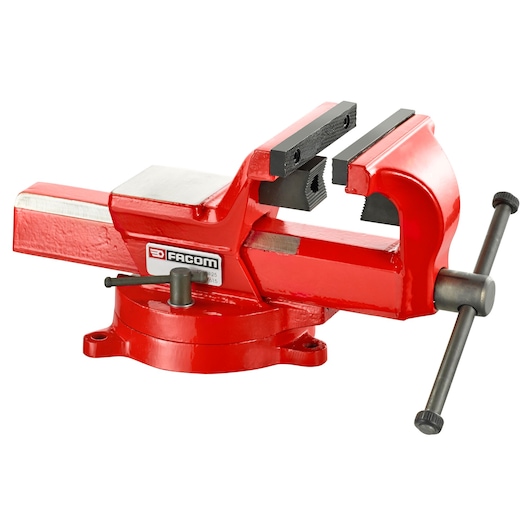 Photo of Facom 1224_125 red metal bench vise with rotating base, shown from front left on white background.