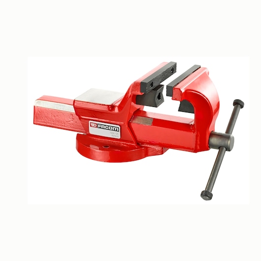 Facom 1224_175E red bench vise with black jaws, side angle, on white background.