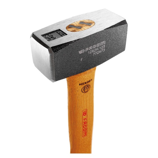 Photo of Facom 1262H_125 sledgehammer with a black metal head and polished faces, hickory wooden handle, angled view.