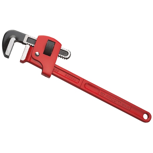 Photo of Facom 131A_10 red pipe wrench with adjustable serrated jaws, side view on white background.