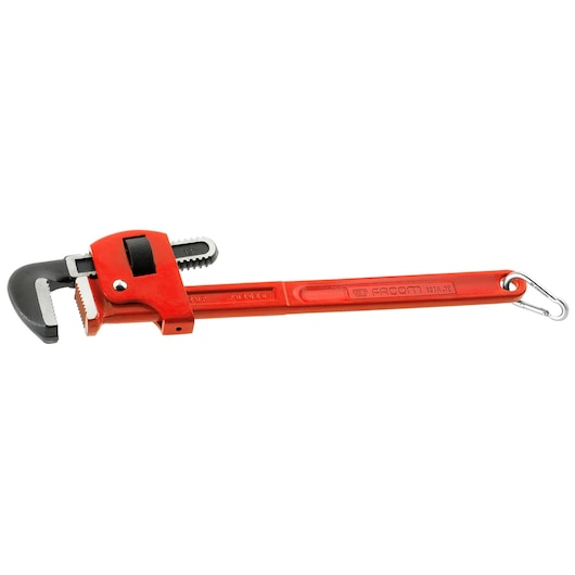 Facom 131A_18SLS red pipe wrench with metal jaws and safety hook, side view, photography.