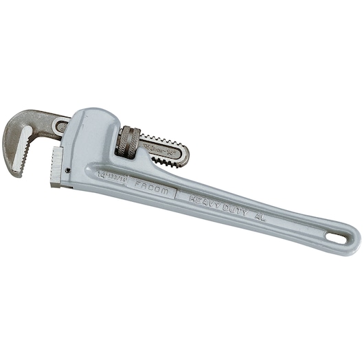 Photo of Facom 133A_18 heavy duty aluminum pipe wrench with serrated jaws, side angle on white background.