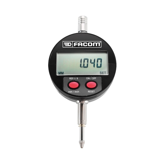 Facom digital dial indicator with LCD display and red buttons, SKU 1365, front angle, photography.