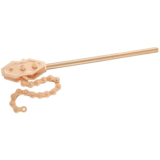 Facom 137A_4PSR chain wrench in bronze finish, side angle, with chain and long handle on white background.