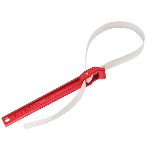 Photo of Facom 138A_48 strap wrench with a red handle and white strap, side angle on white background.