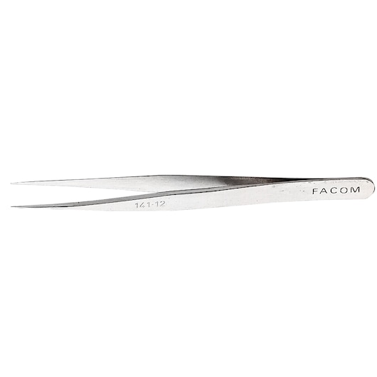 Facom 141_12 stainless steel precision tweezers, side angle, white background