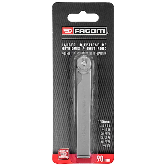 Facom 1618_00PB round tip metric feeler gauge set in silver, packaged on black card, front view.