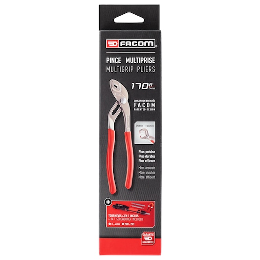 Photo of Facom 170A.25PB multigrip pliers in packaging, angled front view, with red handles and 4-in-1 screwdriver included.