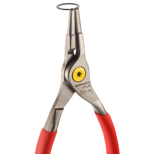 Facom 177A18 external circlip pliers with red handles, close-up photo on white background.