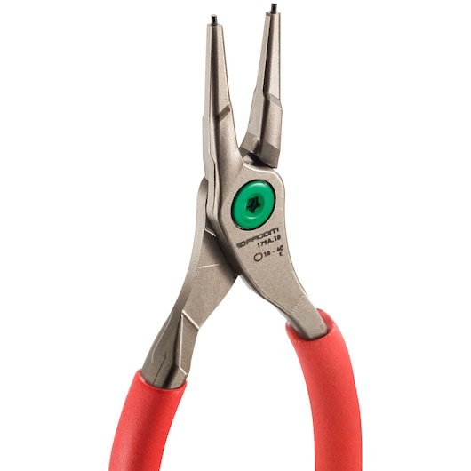 Facom 179A32 circlip pliers with red handles and green joint, front view, on white background.