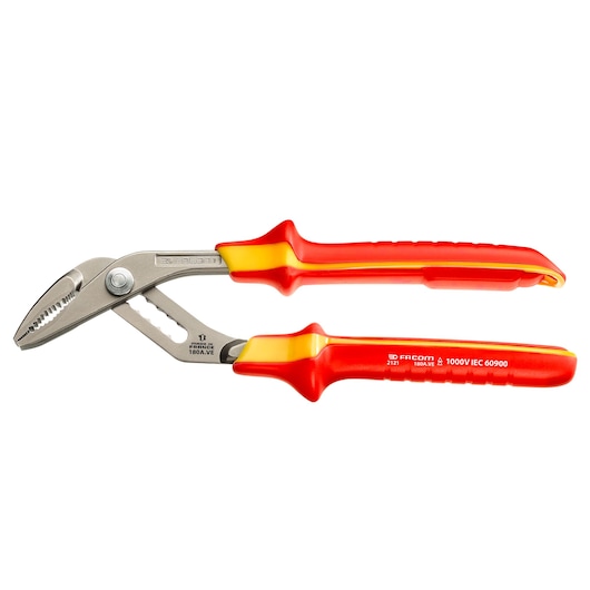 Facom 180A_VE insulated pliers with red and yellow handles, side angle on white background.