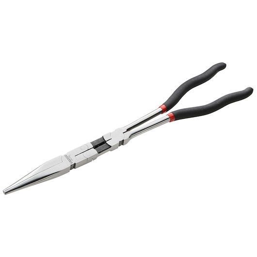 Facom 185_34L long nose pliers with dual black handles, angled view, silver metal jaws.