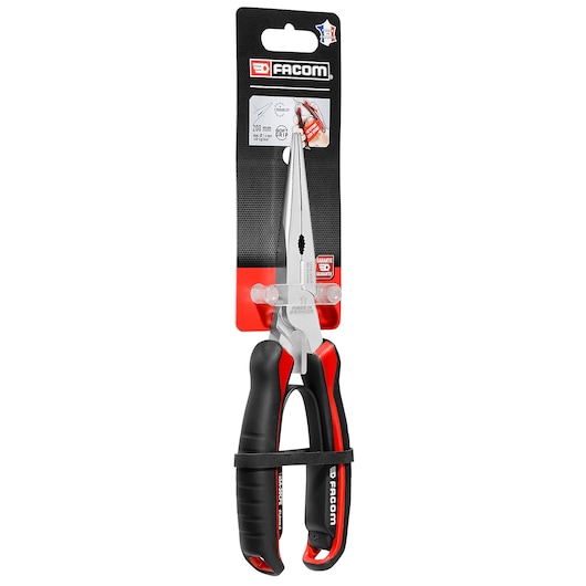 Facom 185A_20CPEPB long nose pliers with black and red handles, retail packaging, front view.