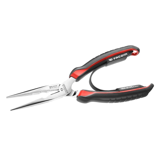 Facom 185A20CPE long nose pliers with black and red ergonomic handle, side view on white background.