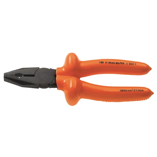 Facom insulated combination pliers with orange handles, front view, SKU 187_18AVSE.