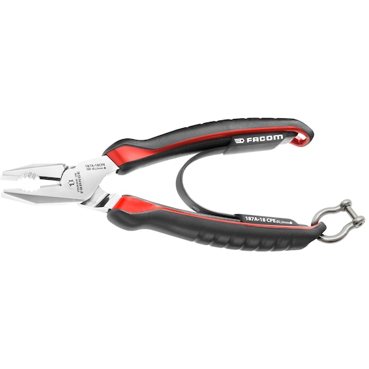 Facom 187_18CPESLS combination pliers with black and red insulated handles, side view on white background.