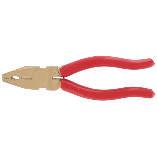 Photo of Facom pliers 187_18SR with gold-tone jaws and red insulated handles, side angle on white background.