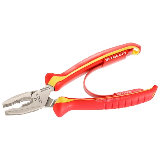 Facom 187A18VE insulated combination pliers, red and yellow handle, side view, white background.