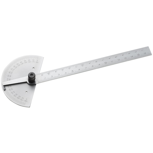 Facom 1885_00PB stainless steel protractor with ruler, angled view on white background.