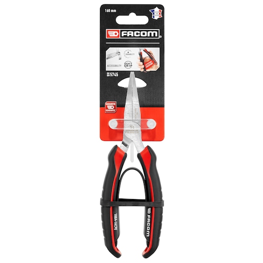 Facom 188A_16CPEPB long nose pliers with black and red handle, front angle, photographed on white background.
