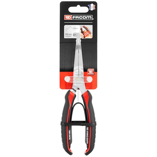 Facom FLAT_NOSE_PLIER_200MM pliers with black and red handles, packaged, product photo front angle.