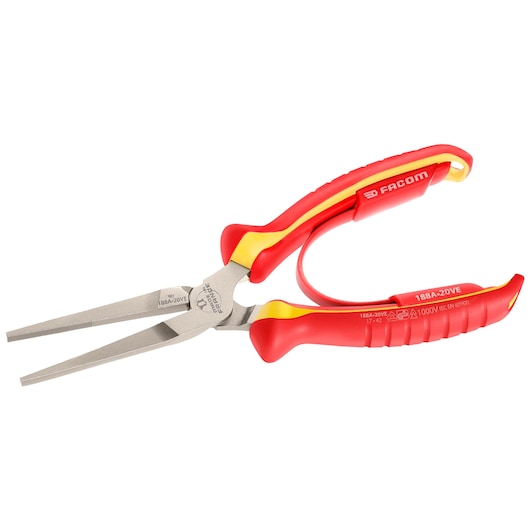 Facom insulated long nose pliers with red and yellow handles, SKU 188A_20VE, front angle on white background.
