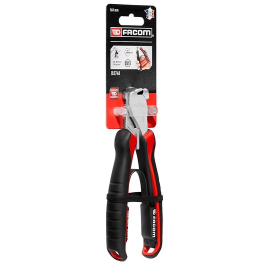 Photo of Facom end cutting pliers 190A_16CPEPB with black and red handles, retail packaging, front view.