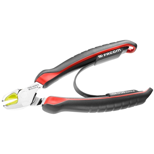 Facom 192A.16CPE-R diagonal cutting pliers with black and red ergonomic handles, side angle on white background.