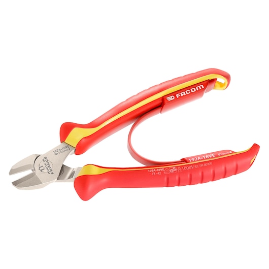 Facom 192A16VE insulated diagonal cutting pliers, red and yellow handles, side angle, white background.