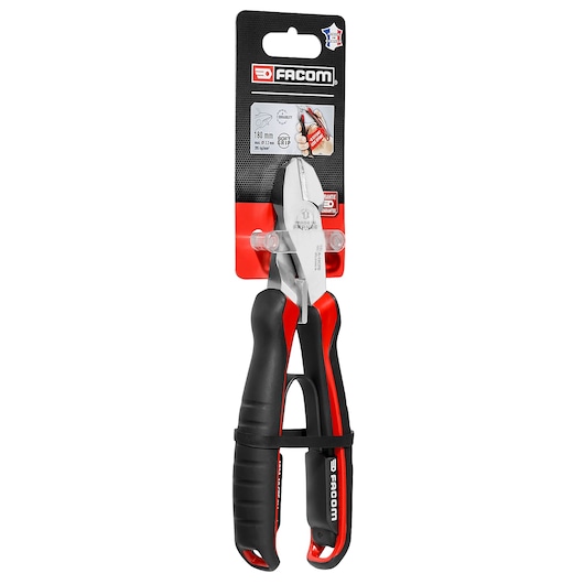 Facom diagonal cutting pliers 180mm with black and red handles, retail packaging, front view, MECH_DIAGONAL_CUTTING_PLR_180MM